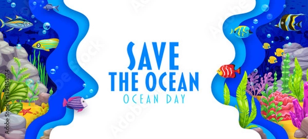 Obraz Oceans day paper cut banner with tropical fishes and underwater landscape. Sea and ocean world day papercut background, underwater life backdrop or banner with fishes and bottom seaweeds plants