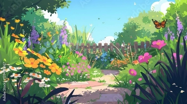 Obraz A vibrant garden path adorned with colorful flowers and a butterfly, inviting tranquility.