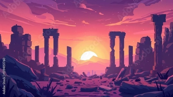 Obraz A vibrant sunset over ancient ruins, showcasing a serene and mystical landscape.