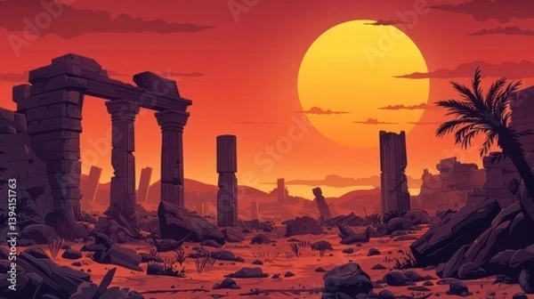 Obraz A vibrant sunset over ancient ruins, showcasing a desolate landscape with scattered columns.