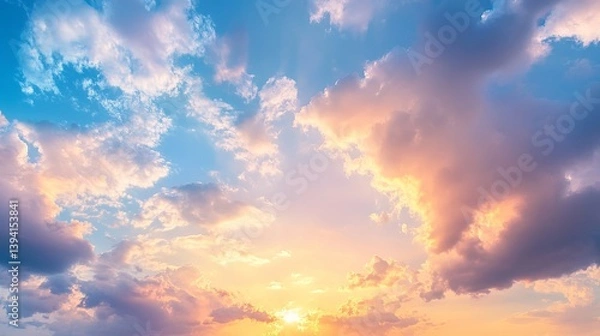 Fototapeta A breathtaking view of a vibrant sky with fluffy clouds illuminated by the golden light of sunset