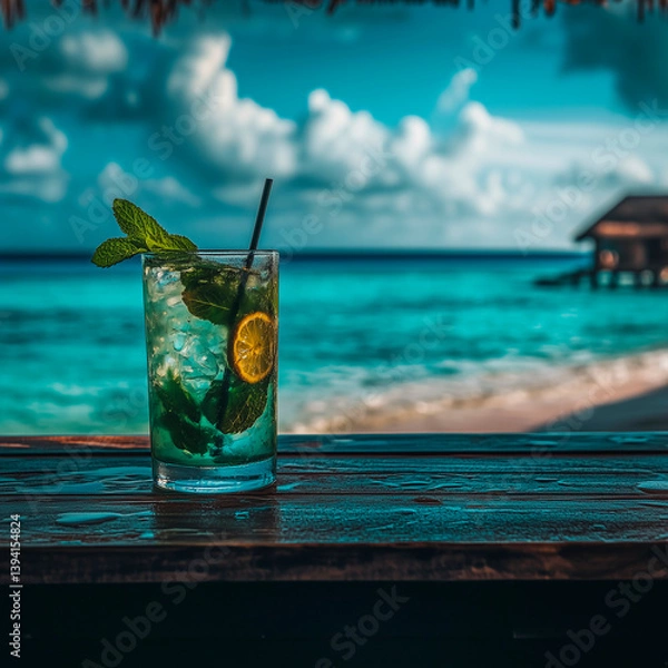 Obraz glass of cold mojito and mint leaf standing on bar counter with beach in background