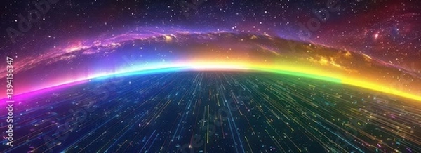 Obraz A vibrant cosmic landscape with colorful rays emanating from a distant horizon.