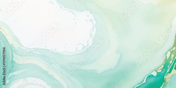 Fototapeta Abstract Watercolor Background with Soft Green Aquamarine and Golden Accents, Enhanced with Liquid Marbled Paper Texture for a Subtle and Elegant Banner Design

