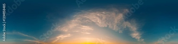 Fototapeta 360 panorama of glowing sunset sky with bright Cirrus clouds. HDR 360 seamless spherical panorama. Full zenith or sky dome sky replacement for aerial drone panoramas. Climate and weather change.