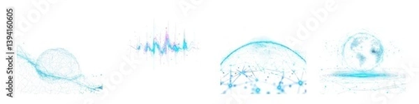 Fototapeta Set of Global network visualization abstract data glowing earth digital connections isolated on transparent