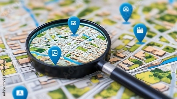 Fototapeta Detailed city map, magnified with a magnifying glass, highlighting specific locations