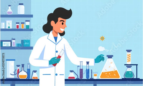 Fototapeta Scientist in Lab, Research, Experiment - Flat design illustration