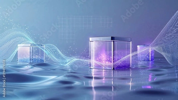 Fototapeta High-tech visual of AI analyzing a data lake, set against a soft, gradient blue background, with intricate, swirling patterns of tiny, glowing data particles flowing into sleek, modern, transparent 