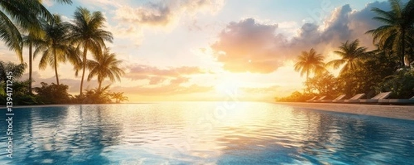 Fototapeta Tropical Sunset Paradise Poolside