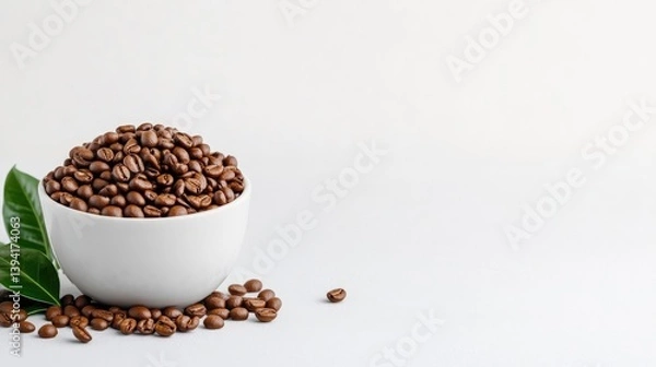 Fototapeta Roasted Coffee Beans White Bowl Minimalist Style High-Resolution Photography Close-up View Green Leaf Accent Product Presentation White Background Warm Brown Tones Food and Beverage Marketing