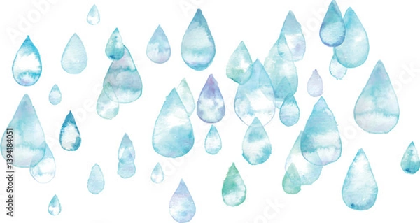 Obraz 水彩画。水彩タッチの雨の雫イラスト。夏の梅雨イラスト。水彩のベクターイラスト。Watercolor painting. Rain drop illustration with watercolor touch. Summer rainy season illustration. Watercolor vector illustration.