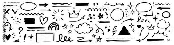 Fototapeta Line hand drawn brush marker underline, highlight, star element set. Hand drawn sketch marker underline shape, arrow, star scribble brush pen stroke icon highlight element. Vector illustration.