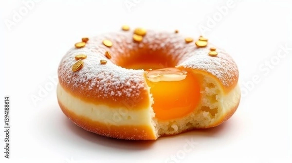 Fototapeta Powdered Sugar Donut with Dripping Apricot Glaze and Orange Sprinkles Sweet