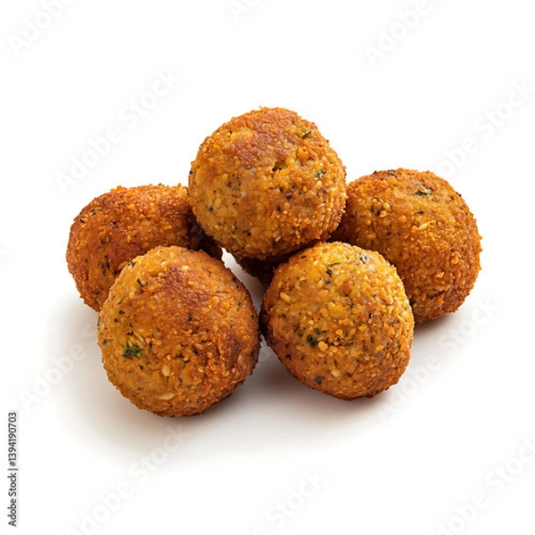 Fototapeta Golden and crispy falafel balls with a crunchy outer shell and flavorful chickpea filling, isolated white background, hyperrealism art style