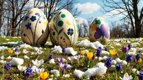 Obraz Brightly colored Easter eggs shine on the green lawn in the sunshine, shimmering in iridescent patterns
