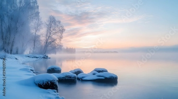 Fototapeta Serene Winter Lake: A tranquil and majestic winter scene unfolds, with a frosted shoreline and the gentle mist rising from the lake, painted with the soft hues of a winter dawn.