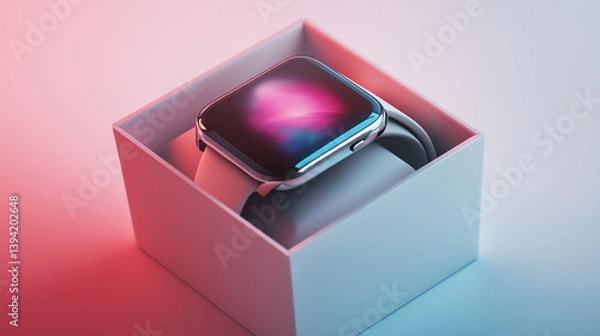 Obraz Futuristic smartwatch box with elegant floating display concept, high-tech sleek aesthetic, white background