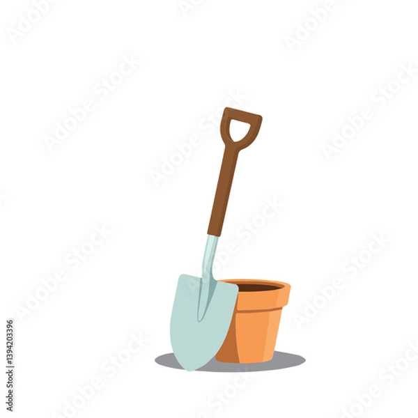 Fototapeta garden shovel leaning against an empty terracotta pot, symbolizing preparation, potential, and the groundwork required for growth. Represents concepts such as readiness for planting, gardening as a ho