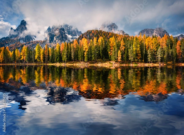 Obraz Huge peaks and colorful larch trees reflected in the calm waters of Antorno lake. Dramatic autumn scene of Dolomite Alps, National Park Tre Cime di Lavaredo, Italy. 