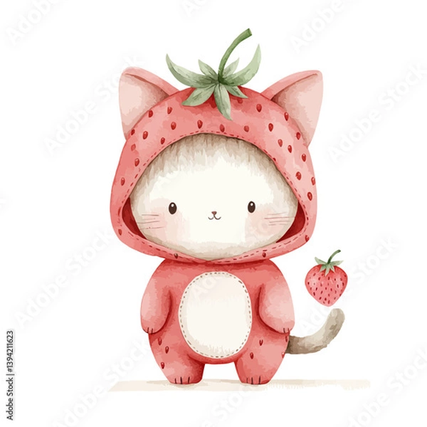 Fototapeta Strawberry Kitty: A whimsical, adorable kitten donned in a charming strawberry costume, evoking a sense of playful cuteness. It is a delightful illustration.