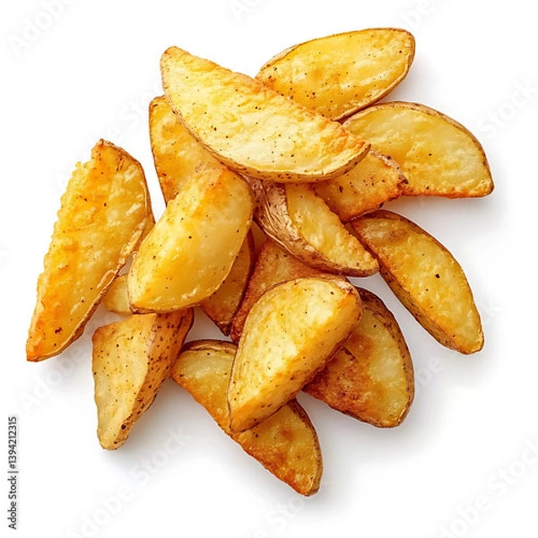 Fototapeta Golden and crispy potato wedges with a perfectly fried exterior and soft interior, isolated white background, hyperrealism art style