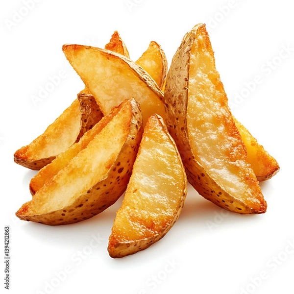 Fototapeta Golden and crispy potato wedges with a perfectly fried exterior and tender inside, isolated white background, modern art style