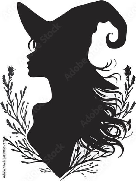 Fototapeta Mystical silhouette of a Witch: A beautiful silhouette of a witch is depicted against an illustrative background, with the image exuding an atmosphere of magic and mystique.