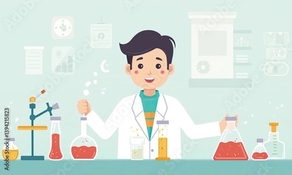 Fototapeta Young Scientist Lab Experiment Cartoon Illustration - Flat design i.