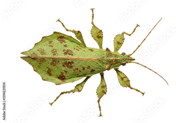 Fototapeta Close-up of a leaf insect blending into its green environment, showcasing camouflage