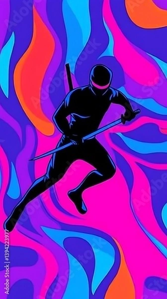 Fototapeta Dynamic ninja silhouette against vibrant abstract background