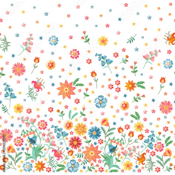 Fototapeta Floral embroidery with border on white background seamless ornament. Beautiful delicate print for fabric. Large and small embroidered flowers, berries and leaves.