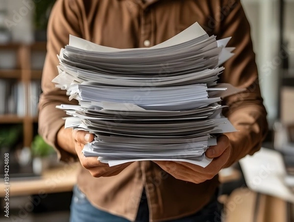 Fototapeta Person Holding Stack of Papers in Modern Office Environment