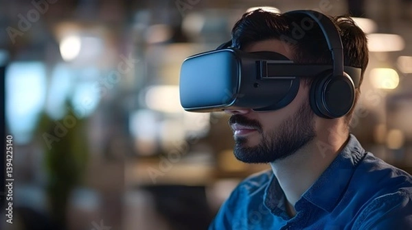 Fototapeta Young Man Engaged in Virtual Reality Experience with Headset