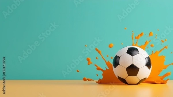 Obraz Soccer Ball Surrounded by Vibrant Orange Splash Against a Bright Teal Background in a Creative sports Concept