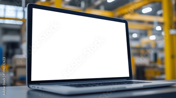 Fototapeta Open laptop with blank white screen placed on industrial workspace desk with blurred background of warehouse and production facility.