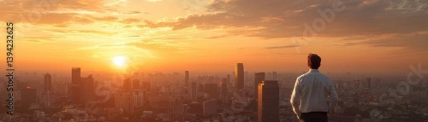 Fototapeta Man Looking at a Stunning Sunset Over a Bustling Cityscape with Urban Skyline and Clouds