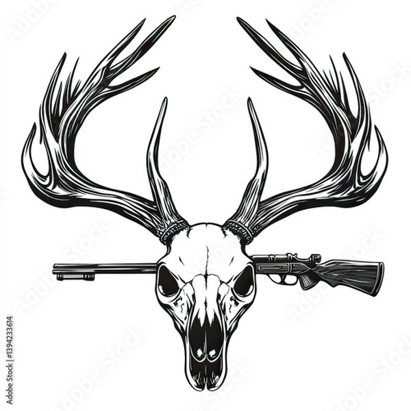 Fototapeta Striking Deer Skull and Rifle Illustration, Symbol of Wilderness and Hunting,  created by ai generated