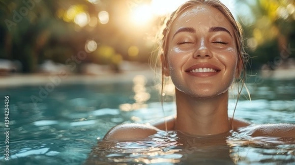 Fototapeta Smiling woman enjoying a relaxing moment in a pool, bathed in natural sunlight.
