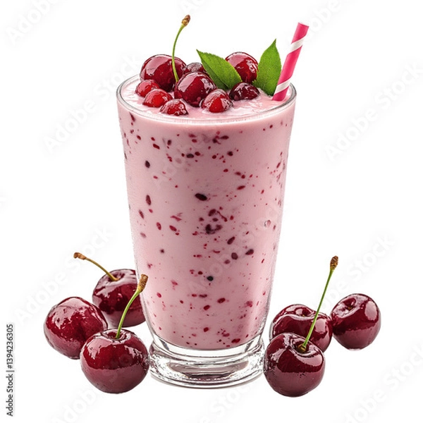 Fototapeta Cherry shake in a luxury glass with pieces of cherry, isolated on a transparent background.