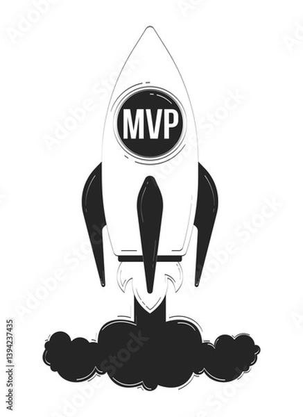 Obraz MVP startup rocket launch doodle linear object. Business takeoff. Viable product blasting off with smoke 2D vector outline clip art drawing isolated on white. Hand drawn sketch illustration