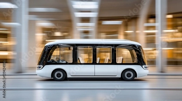 Fototapeta Modern autonomous shuttle moving through a city