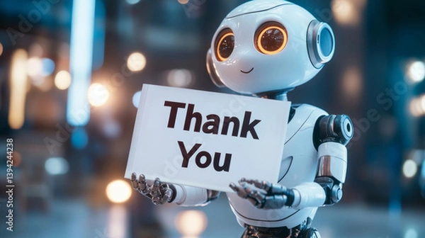 Fototapeta Grateful robot expresses thanks at futuristic tech expo digital art display urban environment close-up perspective