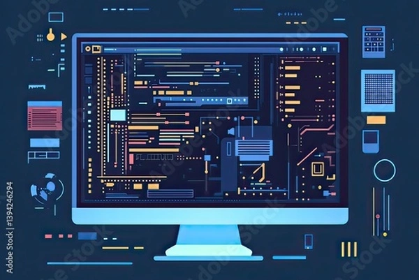 Obraz Abstract computer screen displaying circuit board-like data visualization, created by ai generated