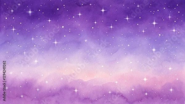 Fototapeta dreamy watercolor night sky background with scattered white stars in soft purple gradient for celestial designs
