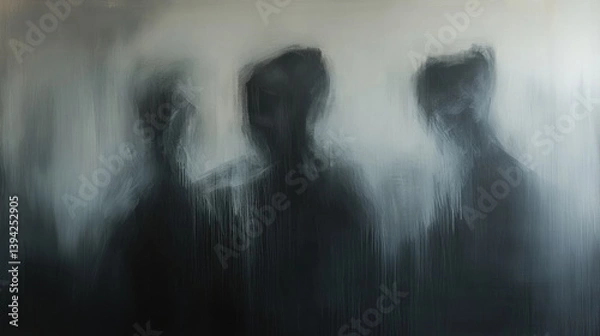 Fototapeta Abstract blurry image of three dark figures, ethereal and mysterious, with a hazy, dreamlike quality.