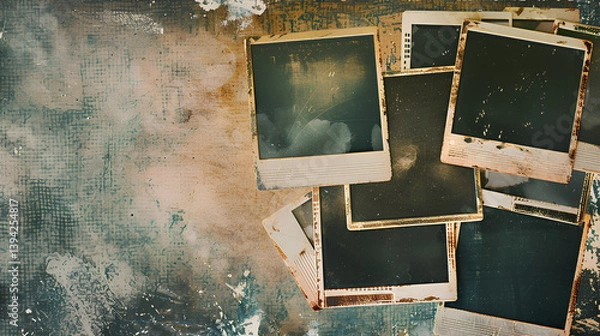 Obraz vintage-style collage of multiple blank Polaroid photo frames on an aged background, adorned with weathered textures and faded photographs