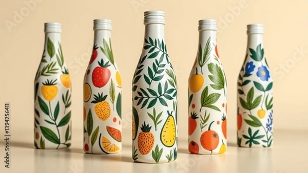 Fototapeta Decorative bottle with vibrant leaf and fruit patterns showcasing nature-inspired design and eco-friendly packaging for beverage or product display