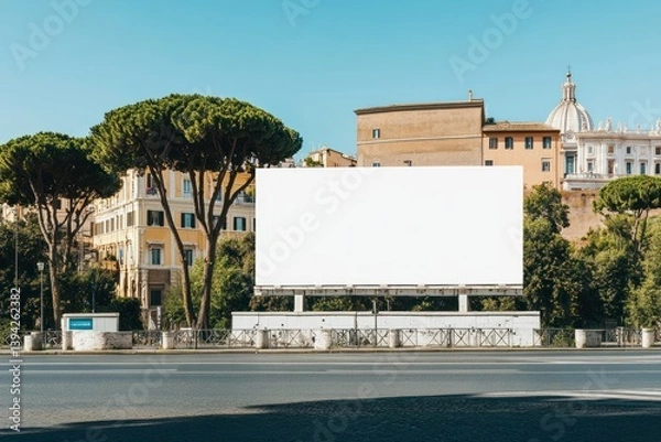 Fototapeta Blank Billboard in Rome Streetscape with Architectural Landmarks and Pine Trees