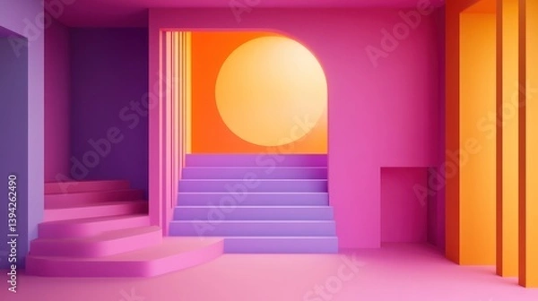 Fototapeta Abstract colorful room with stairs and arched doorway.